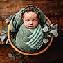 baby, newborn, sleeping, wrapped, blanket, green, wooden_bowl, flower_crown, headband, plant, foliage, soft_texture, cozy, portrait, peaceful, infant, cute, closeup, indoors, resting