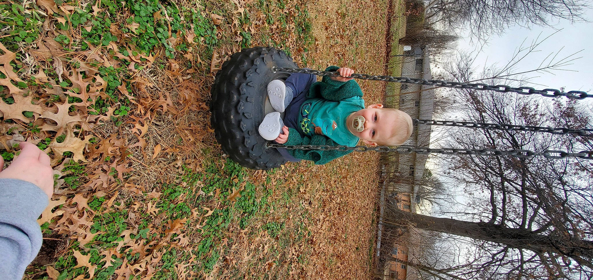 Dante is registered to the contest to win money with this photo: automotive_tire, automotive_wheel_system, forest, fun, grass, hat, leisure, people_in_nature, person, plant, recreation, sitting, sky, smile, soil, synthetic_rubber, tire, toddler, tree, trunk
