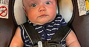 Carter is registered to the contest to win money with this photo: baby, infant, car_seat, bottle, feeding, safety_harness, striped_clothing, wide_eyes, curious, child, seatbelt, indoor, closeup, cute, padded, warning_label, person, young, hands, head