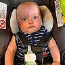 baby, infant, car_seat, bottle, feeding, safety_harness, striped_clothing, wide_eyes, curious, child, seatbelt, indoor, closeup, cute, padded, warning_label, person, young, hands, head