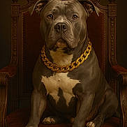 Urkan participe au concours pour gagner de l'argent avec cette photo : animal, antique_chair, brown, canine, chain, closeup, detailed, dog, expression, furniture, gold_chain, indoor, majestic, ornate, pet, pitbull, portrait, regal, sitting, studio