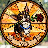 ñoño is registered to the contest to win money with this photo: dog, boston_terrier, stained_glass, window, rose, flower, blue_collar, portrait, illustration, artwork, decorative, circular_design, colorful, orange, red, green, black_and_white, animal, hanging, banner