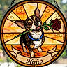 dog, boston_terrier, stained_glass, window, rose, flower, blue_collar, portrait, illustration, artwork, decorative, circular_design, colorful, orange, red, green, black_and_white, animal, hanging, banner