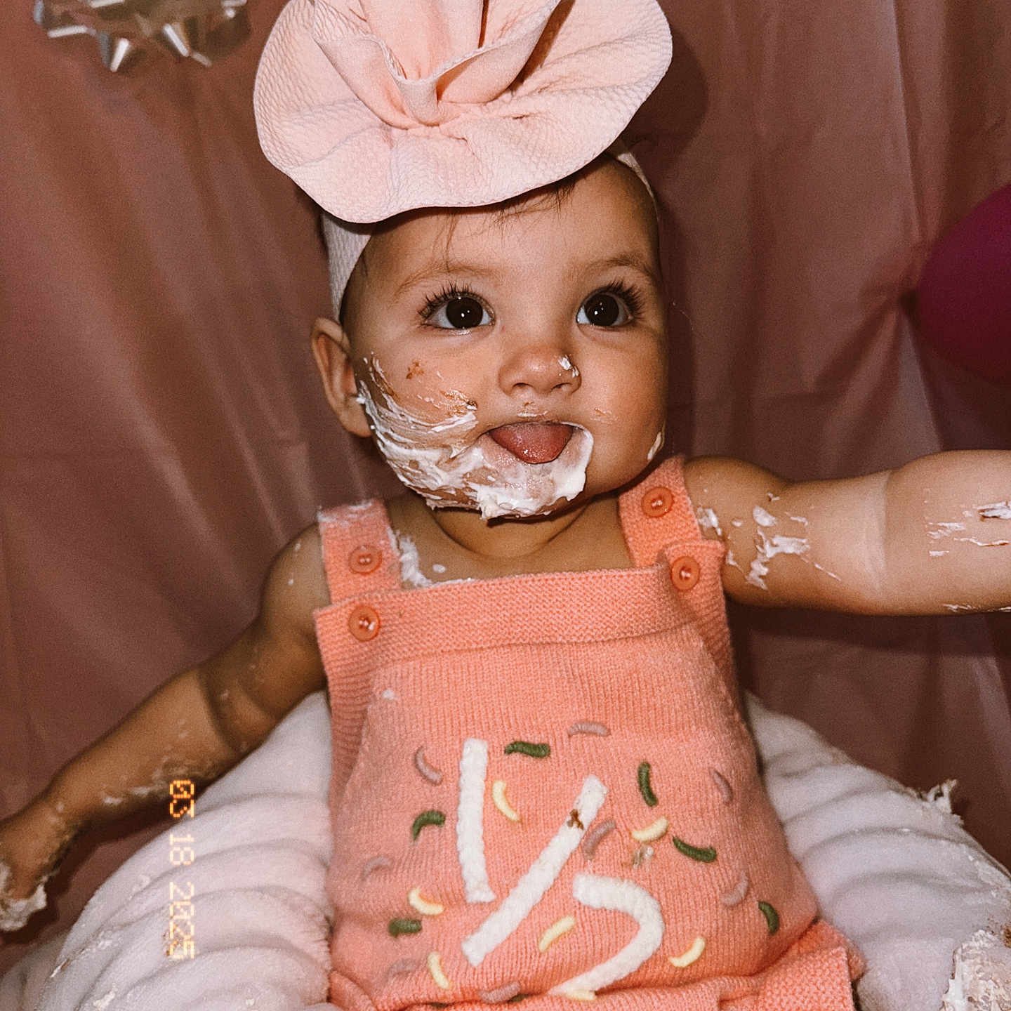 Charleigh Elaine joined the competition — help win amazing prizes! baby, bodypart, clothing, cream, dessert, dress, eating, face, finger, food, hand, happy, hat, head, icecream, icing, person, photography, portrait, smile