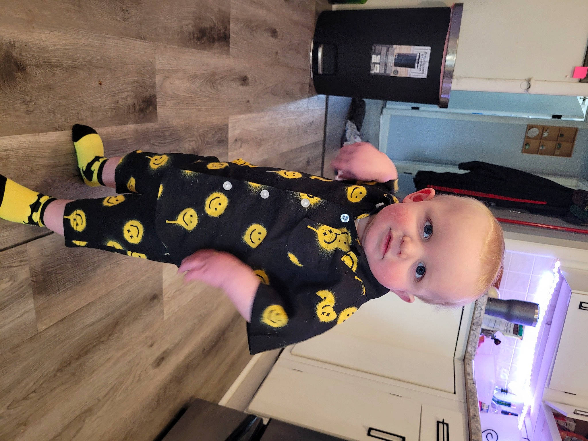 Arnold joined the competition — help win amazing prizes! baby, baby_products, baby_toddler_clothing, child, flooring, fun, hardwood, hat, human_leg, machine, pattern, person, room, sleeve, smile, toddler, wood, wood_flooring