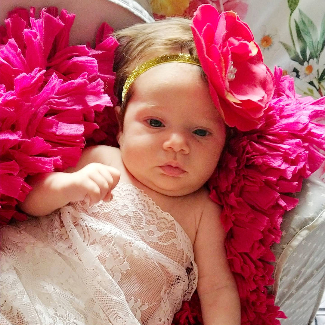 Melwina participe au concours pour gagner de l'argent avec cette photo : baby, bridal_accessory, child, cut_flowers, dress, event, fashion, flower, flower_arranging, happy, headband, headpiece, headwear, long_hair, magenta, peach, person, petal, pink, purple