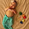 5_month, baby, blanket, celebration, child, colorful, crochet, cute, happy, headband, indoors, infant, lying_down, mermaid_costume, plaque, playful, portrait, smiling, soft_texture, toy