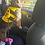 animal, backseat, blanket, bumblebee, car_interior, costume, cute, daylight, dog, fur, leash, looking_out, nature, pet, seat, sunlight, toy, travel, trees, window