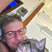 Kyti participe au concours pour gagner de l'argent avec cette photo : affection, casual, cat, closeup, couch, cozy, ear, face, furniture, glasses, gray_tabby, home, indoor, love, man, pet, portrait, smile, wall_art, whiskers