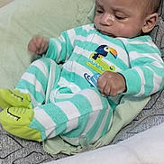 Nahzir joined the competition — help win amazing prizes! baby, infant, onesie, striped_clothing, baby_seat, cushion, hand, indoor, curious, face, head, sitting, footwear, green, white, soft_fabric, comfort, person, closeup, child