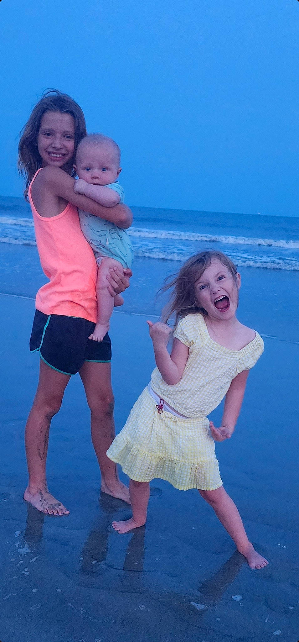 Paislee joined the competition — help win amazing prizes! azure, blue, child, face, facial_expression, fun, gesture, happy, head, joy, leg, leisure, people_in_nature, people_on_beach, person, photograph, pink, skin, sky, smile