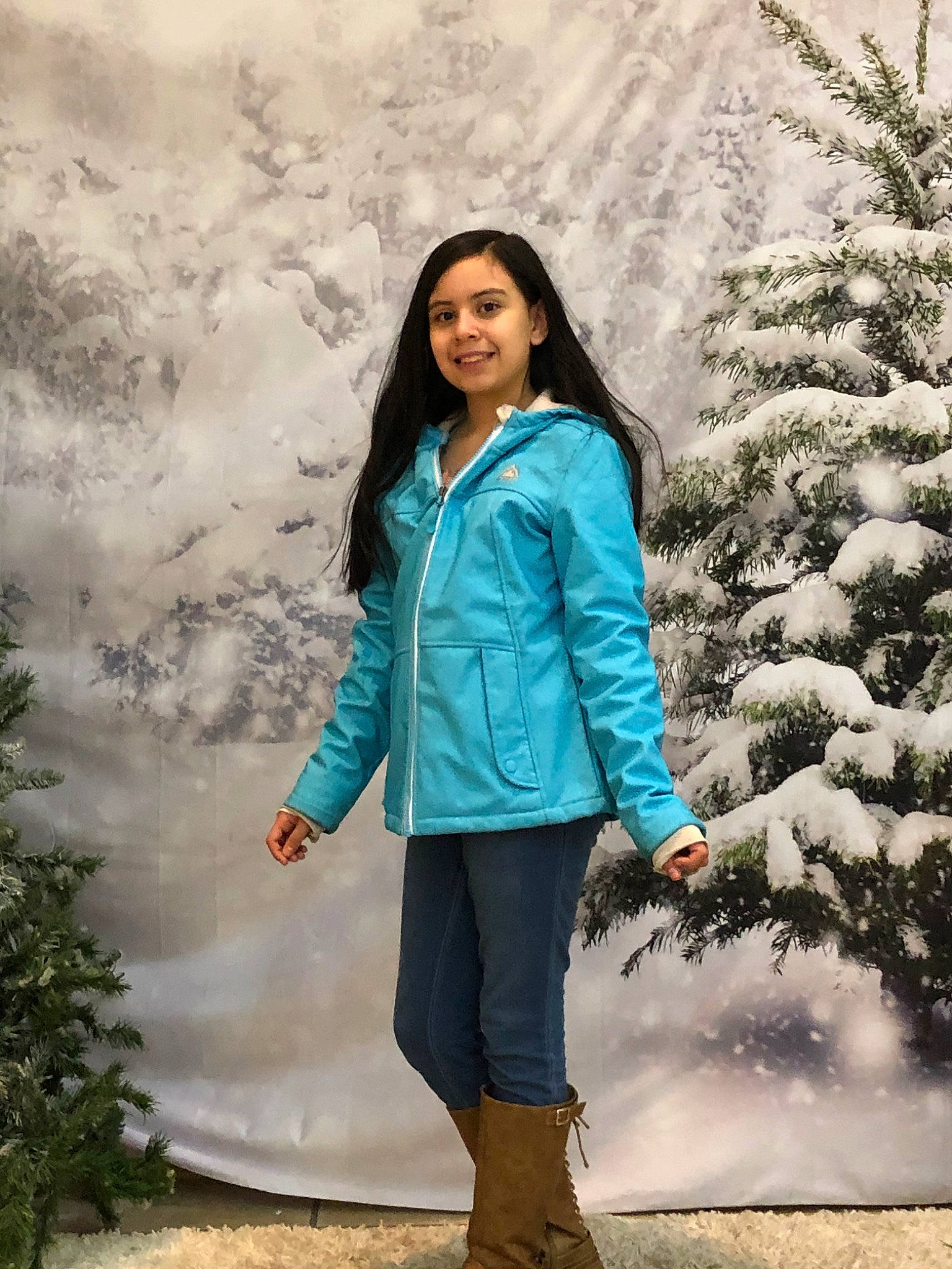 Nailea joined the competition — help win amazing prizes! blue, clothing, coat, denim, electric_blue, footwear, green, jacket, jeans, joy, outerwear, parka, person, photography, shoe, standing, teal, top, tree, turquoise