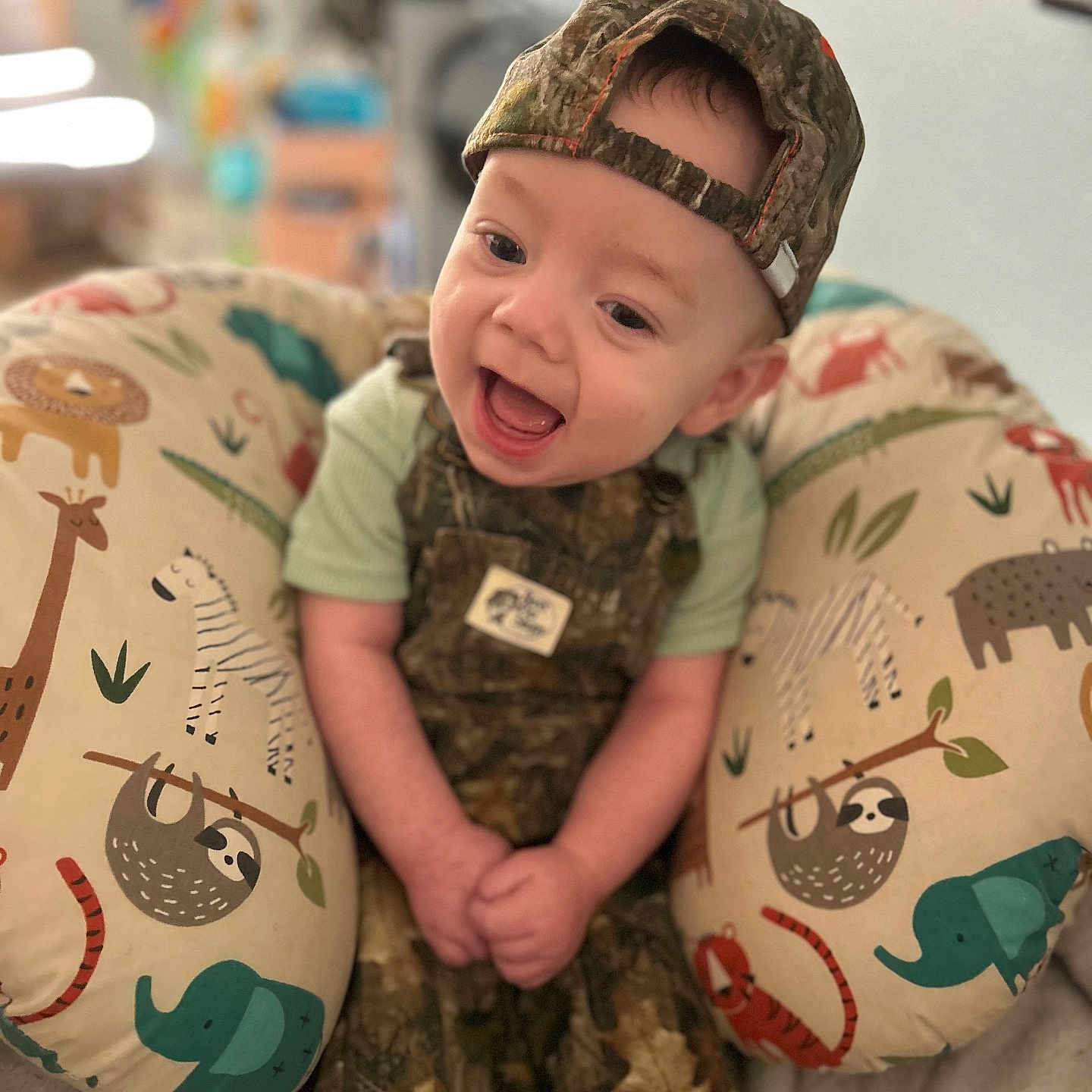 Waylon joined the competition — help win amazing prizes! animal, baby, baseballcap, cap, clothing, couch, cushion, face, furniture, giraffe, happy, hat, head, homedecor, laughing, pants, person, photography, pillow, portrait