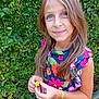 child, girl, flower, outdoor, greenery, dress, colorful, smile, portrait, nature, leaf, plant, young, person, happy, summer, cute, hands, blue_eyes, long_hair