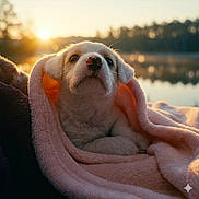 Bonnie is registered to the contest to win money with this photo: puppy, dog, blanket, sunset, outdoor, lake, nature, soft_light, warm_colors, cozy, animal, fur, cute, portrait, peaceful, relaxing, wrapped, pink, closeup, young