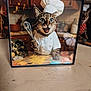baking, bandana, cat, chef_hat, closeup, cupcake_liners, decor, framed_photo, green_eyes, kitchen_background, muffin_tin, photobomb, picture_frame, portrait, reflection, tabby_cat, tabletop, whisk, whiskers, wood_surface