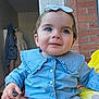 Louméa participe au concours pour gagner de l'argent avec cette photo : child, toddler, blue_eyes, headband, blue_shirt, buttoned_shirt, hand, indoor, brick_wall, coat, clothing, person, cute, smiling, portrait, sitting, baby, fashion, face, young_child