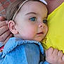 Louméa a rejoint le concours — aidez-le/la à gagner de superbes lots ! baby, child, blue_eyes, headband, flower, hand, yellow_shirt, blue_outfit, ruffled_collar, face, portrait, close_up, brick_wall, person, snuggling, curious, soft_light, skin, young_child, indoor