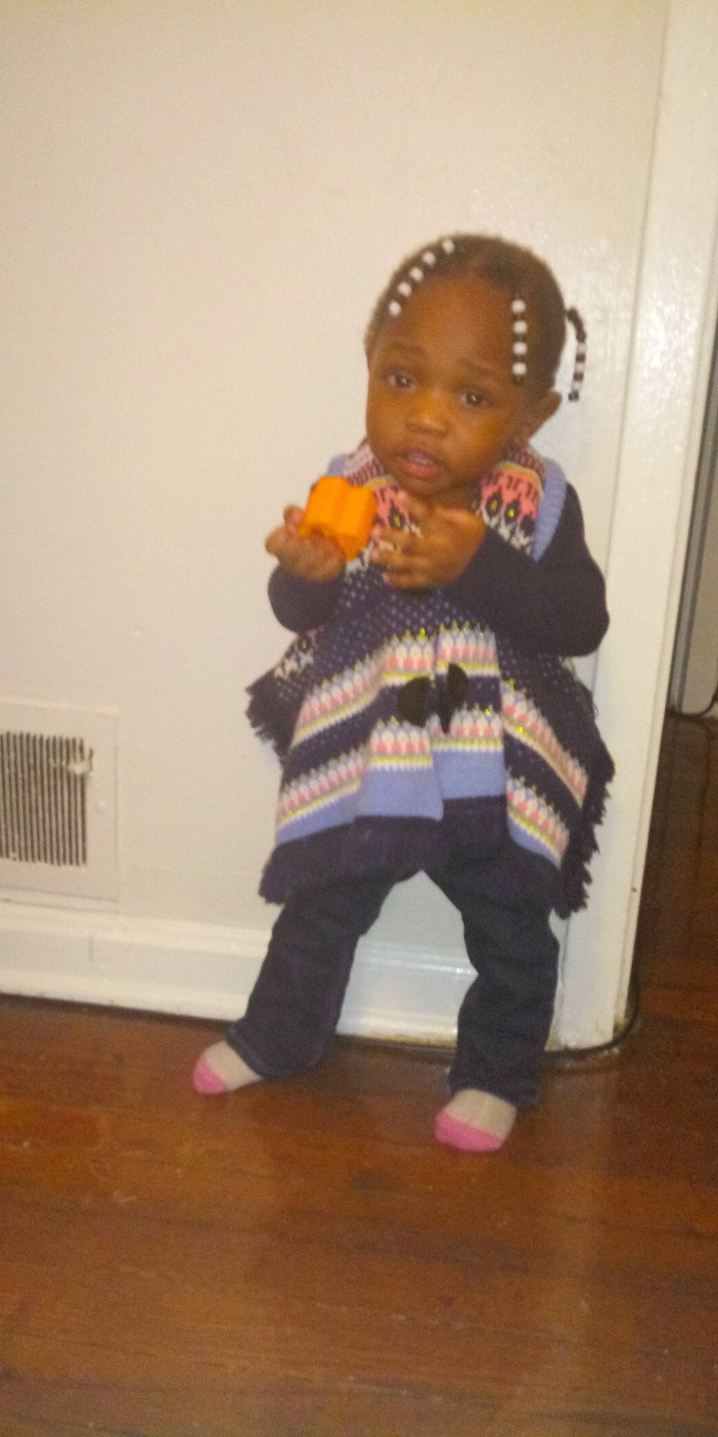 Caylee is registered to the contest to win money with this photo: child, day, design, floor, flooring, fun, headgear, infant, jeans, outerwear, pattern, person, play, product, sitting, standing, textile, toddler, toy, trousers