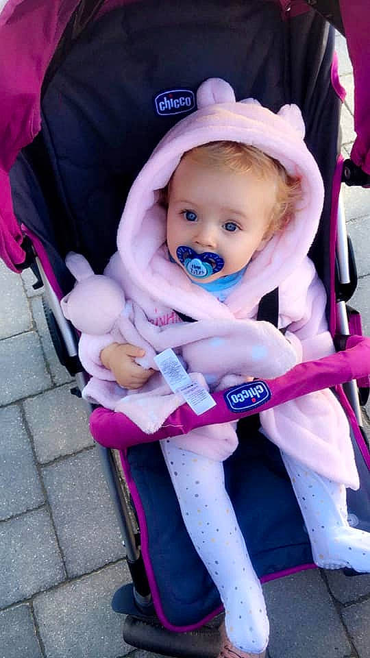 Daisy-mae is registered to the contest to win money with this photo: baby, baby_carriage, baby_in_car_seat, baby_products, car_seat, child, person, pink, product, purple, toddler, violet