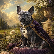 Lily is registered to the contest to win money with this photo: animal, canine, cloudy_sky, cushion, decorative, dog, flowers, french_bulldog, garden, greenery, jewelry, luxury, majestic, nature, outdoor, pet, portrait, royal, stone_vase, velvet_cape