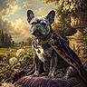 animal, canine, cloudy_sky, cushion, decorative, dog, flowers, french_bulldog, garden, greenery, jewelry, luxury, majestic, nature, outdoor, pet, portrait, royal, stone_vase, velvet_cape