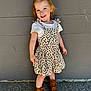 Ava is registered to the contest to win money with this photo: boots, child, concrete_floor, cute, dress, fashion, footwear, gray_wall, happy, leopard_print, outdoor, person, playful, pony_tail, portrait, smiling, standing, toddler, white_shirt, young_child