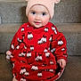Bowen Belle joined the competition — help win amazing prizes! baby, child, infant, hat, pom_poms, red_dress, christmas_pudding_pattern, carpet, stairs, smile, cute, indoors, portrait, sitting, knitwear, face, person, winter_clothing, festive, young_child