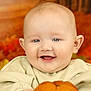 baby, child, smiling, pumpkin, autumn, fall, orange, cute, portrait, happy, person, seasonal, holiday, background, soft_toy, clothing, indoor, face, head, young