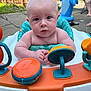 baby, infant, child, activity_center, toy, outdoor, backyard, inflatable_shark, blue_eyes, curious, summer, person, seat, hands, plastic_toy, playtime, fence, adult, footwear, concrete
