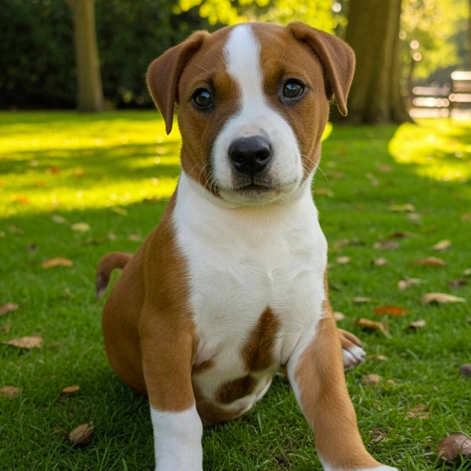 Rosie joined the competition — help win amazing prizes! adorable, animal, brown_and_white, canine, cute, daylight, dog, grass, leaf, nature, outdoor, park, pet, playful, portrait, puppy, sitting, sunlight, tree, young