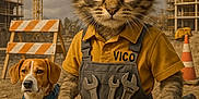 Vico a rejoint le concours — aidez-le/la à gagner de superbes lots ! animal_clothing, blue_harness, cat, closeup, construction_barrier, construction_cone, construction_site, costume, crane, dirt_ground, dog, orange_shirt, outdoor, pet, toolbox, tools, unfinished_building, worker, workwear, wrenches