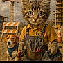 animal_clothing, blue_harness, cat, closeup, construction_barrier, construction_cone, construction_site, costume, crane, dirt_ground, dog, orange_shirt, outdoor, pet, toolbox, tools, unfinished_building, worker, workwear, wrenches