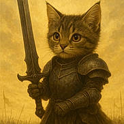 Vico participe au concours pour gagner de l'argent avec cette photo : animal, armor, battlefield, brave, cat, closeup, costume, cute, epic, fantasy, fantasy_art, feline, heroic, medieval, misty, portrait, sepia, standing, sword, warrior