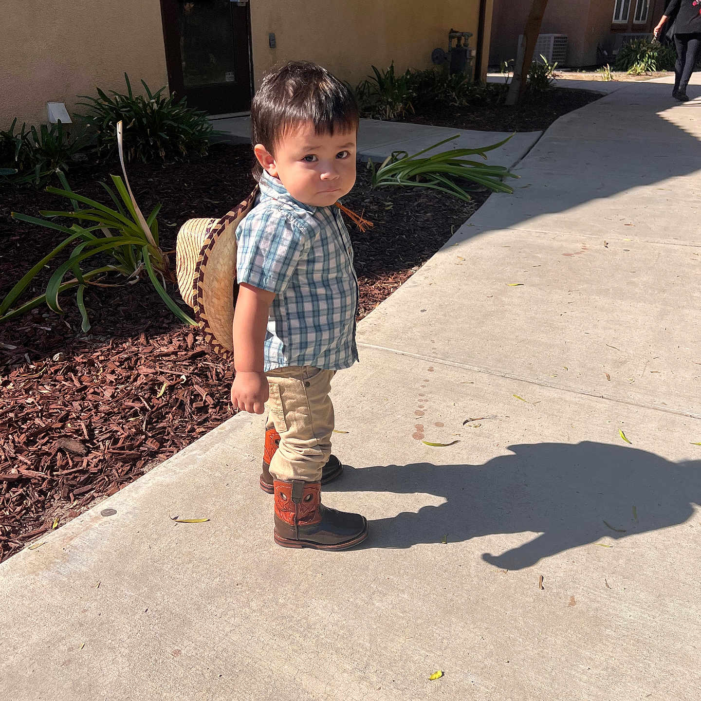 Nathaniel is registered to the contest to win money with this photo: boy, child, city, clothing, face, footwear, head, pants, path, person, photography, plant, portrait, pottedplant, road, shoe, shorts, sidewalk, street, urban