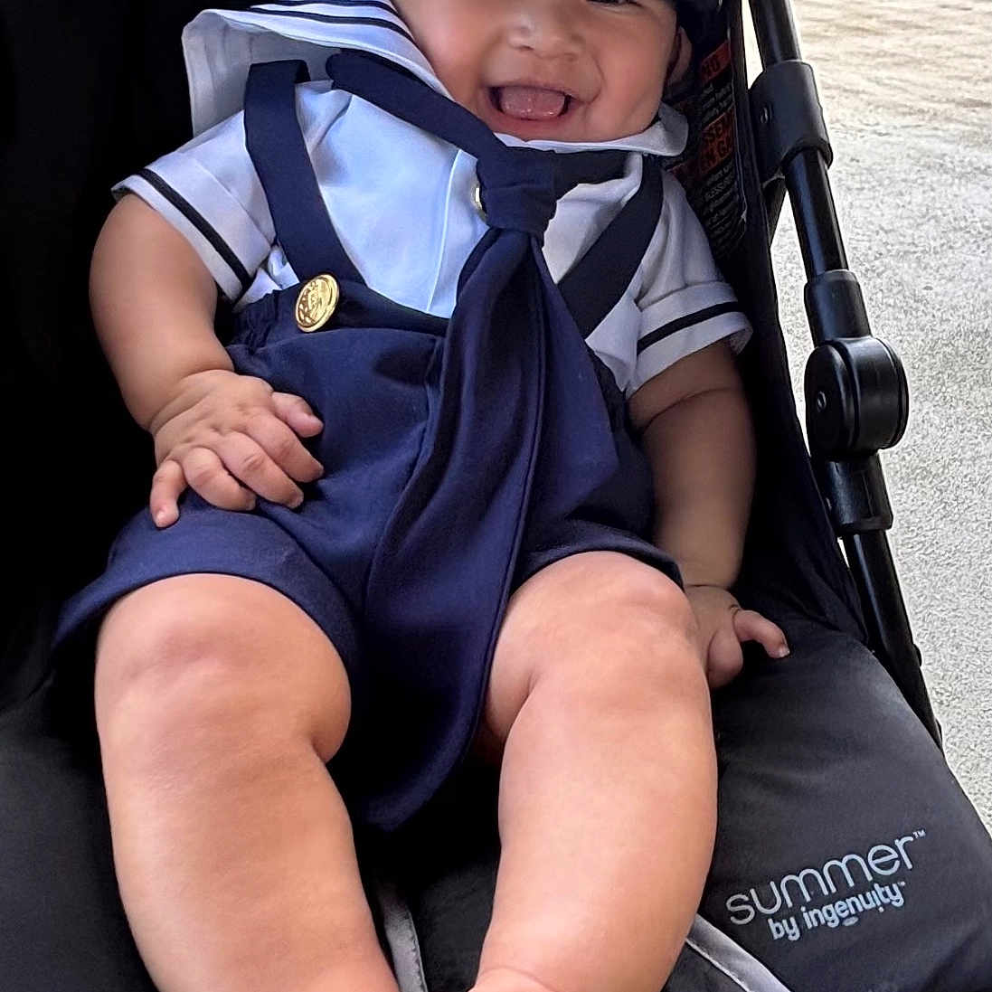 Jayden joined the competition — help win amazing prizes! accessories, baby, baseballcap, bodypart, cap, clothing, coat, costume, face, finger, hand, happy, hat, head, person, photography, portrait, sailorsuit, smile, stroller