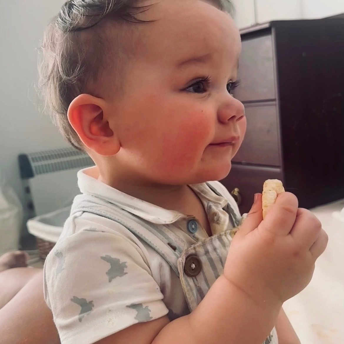 Jaxon is registered to the contest to win money with this photo: baby, biting, bodypart, computerhardware, cream, cutlery, eating, electronics, face, finger, food, hand, hardware, head, monitor, person, photography, portrait, screen, sitting