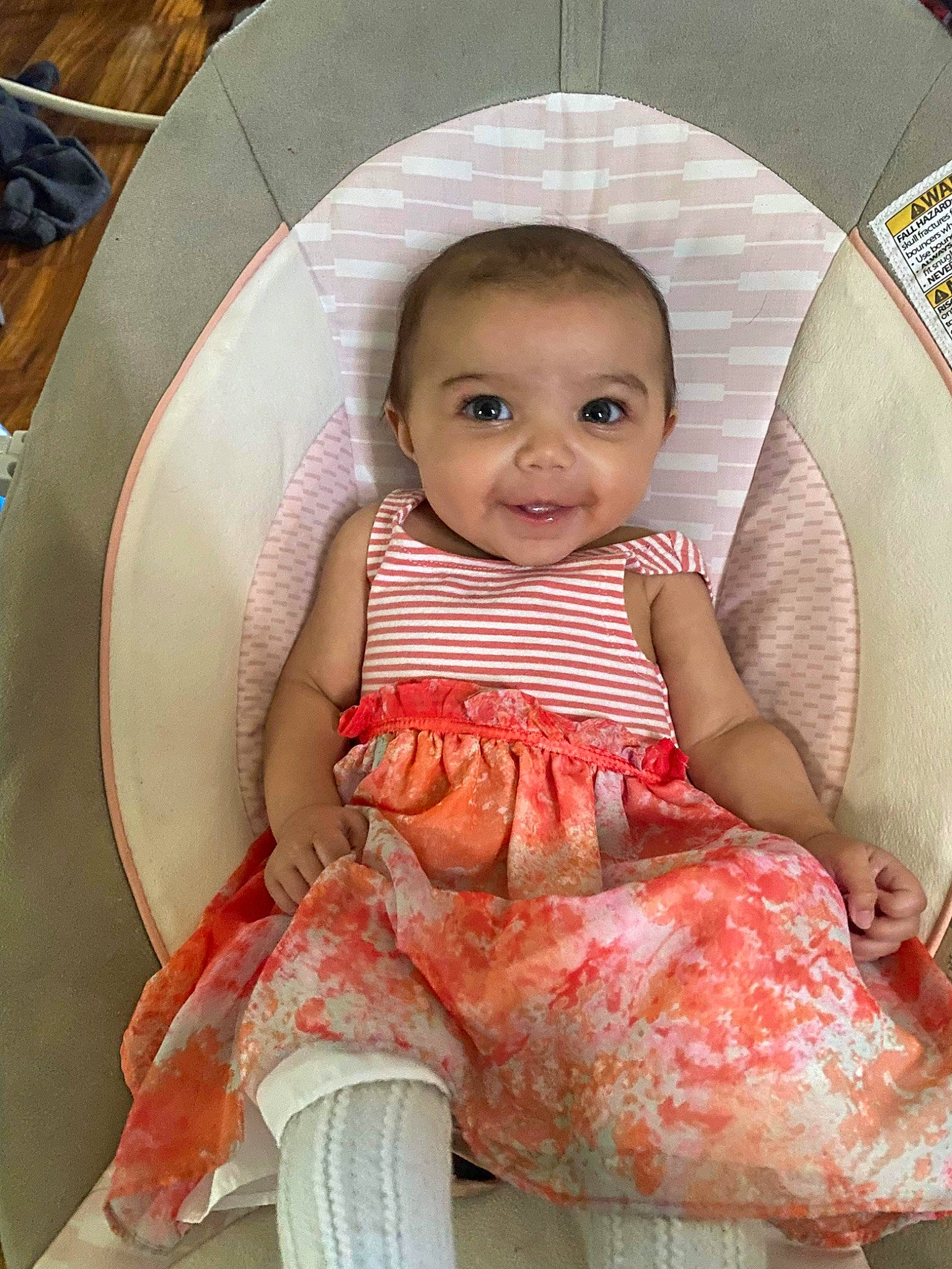 Amara joined the competition — help win amazing prizes! baby, baby_products, baby_toddler_clothing, chair, cheek, child, comfort, dress, eye, facial_expression, fun, hairstyle, happy, iris, mouth, people, person, pink, product, skin