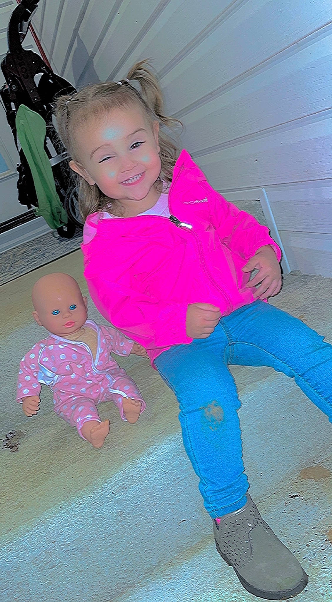 Annalise joined the competition — help win amazing prizes! baby_toddler_clothing, beauty, cheek, facial_expression, fun, hairstyle, happy, head, joint, joy, leg, magenta, person, pink, skin, sleeve, smile, sock, standing, textile