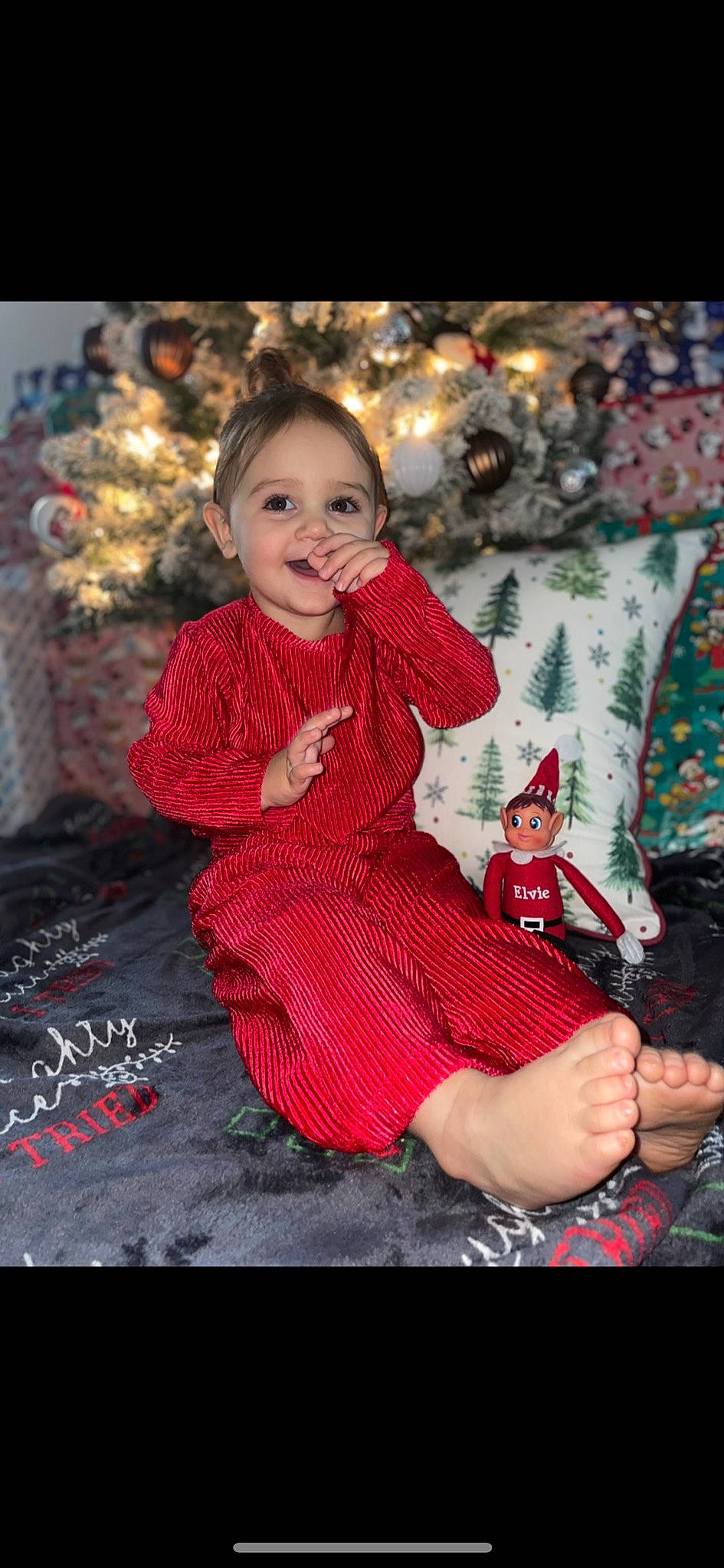 Annalise joined the competition — help win amazing prizes! baby_toddler_clothing, child, christmas, christmas_decoration, christmas_eve, christmas_ornament, christmas_tree, event, flash_photography, hand, happy, head, holiday, joy, lap, magenta, pattern, person, pink, sleeve