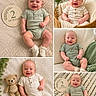 baby, infant, smiling, onesie, blanket, teddy_bear, wicker_basket, milestone_plaque, 2_months, cute, happy, indoor, portrait, child, soft_texture, couch, striped_rug, green_blanket, wooden_plaque, buttoned_clothing