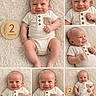 Ryland joined the competition — help win amazing prizes! baby, infant, smiling, onesie, blanket, wooden_milestone, milestone_marker, portrait, collage, cute, happy, fist, face, head, skin, buttoned_clothing, texture, beige, soft, lying_down