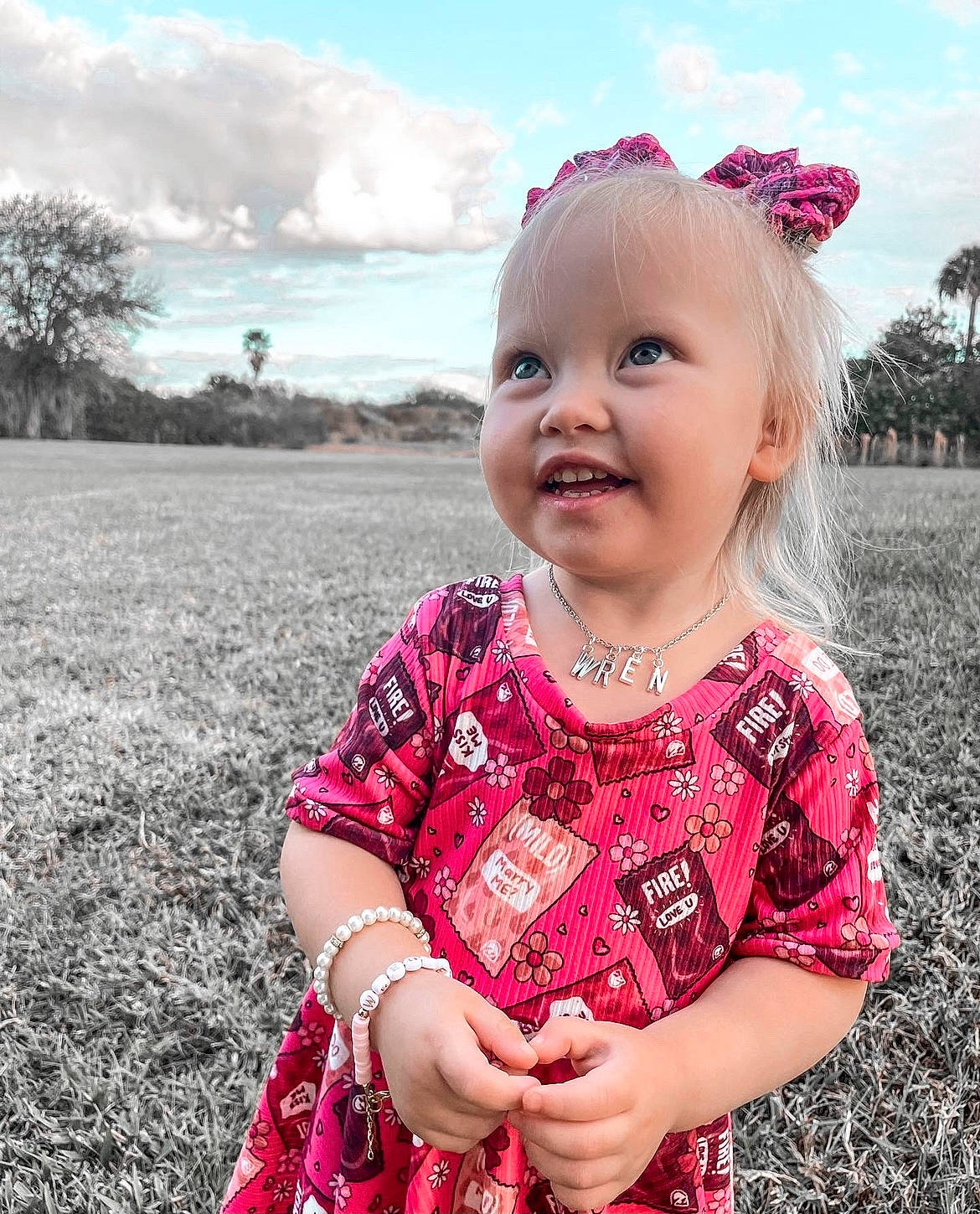 Wrenlee joined the competition — help win amazing prizes! baby_toddler_clothing, cloud, eye, face, facial_expression, grass, hairstyle, happy, iris, lip, person, photograph, pink, plant, skin, sky, sleeve, smile, standing, sunlight