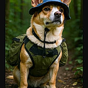 Annie is registered to the contest to win money with this photo: adventure, animal, backpack, brown, canine, cute, dog, ears, forest, fur, green, ground, hat, nature, outdoor, pet, sitting, trail, travel, white