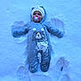 baby, child, clothing, cold, cute, footprints, frozen, gloves, happy, hat, infant, lying_down, outdoor, pacifier, play, portrait, snow, snow_angel, snowsuit, winter