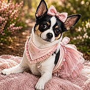Vaya participe au concours pour gagner de l'argent avec cette photo : accessory, animal, blanket, chihuahua, cute, dog, ears, eyes, flower, fur, nature, necklace, outdoor, pet, pink_bow, pink_dress, portrait, posing, small_dog, soft_texture