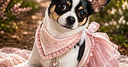 Vaya a rejoint le concours — aidez-le/la à gagner de superbes lots ! accessories, animal, blanket, chihuahua, costume, cute, dog, ears, eyes, flowers, fur, garden, necklace, outdoor, pet, pink_bow, pink_dress, portrait, posing, small_dog