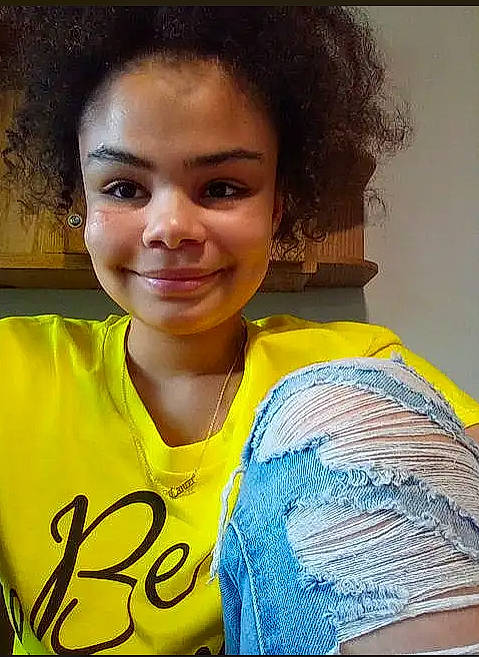 Makayla joined the competition — help win amazing prizes! black_hair, chin, cool, eye, eyebrow, facial_expression, forehead, fun, hair, happy, human, jersey, jheri_curl, joy, neck, person, shoulder, skin, smile, sports_uniform