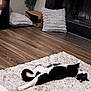 cat, black_and_white, stretching, rug, floor, wooden_floor, cushion, fireplace, cozy, indoor, pet, relaxed, furniture, home, living_room, animal, soft_texture, comfort, resting, domestic