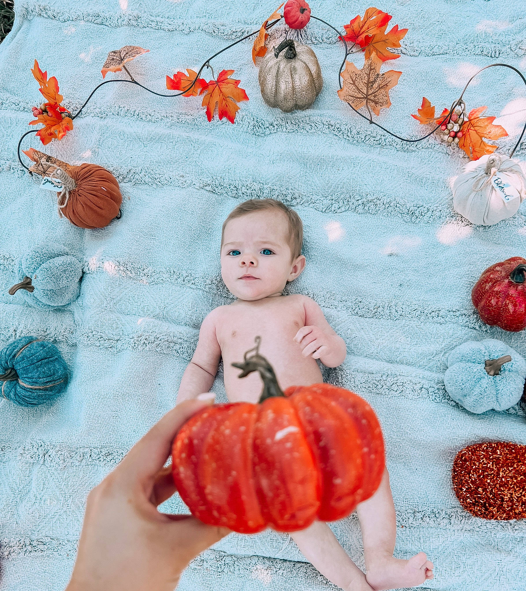 Carden joined the competition — help win amazing prizes! art, baby, baby_toddler_clothing, child, craft, fashion_accessory, head, human_body, linens, needlework, orange, pattern, peach, person, pumpkin, red, room, sitting, textile, toddler